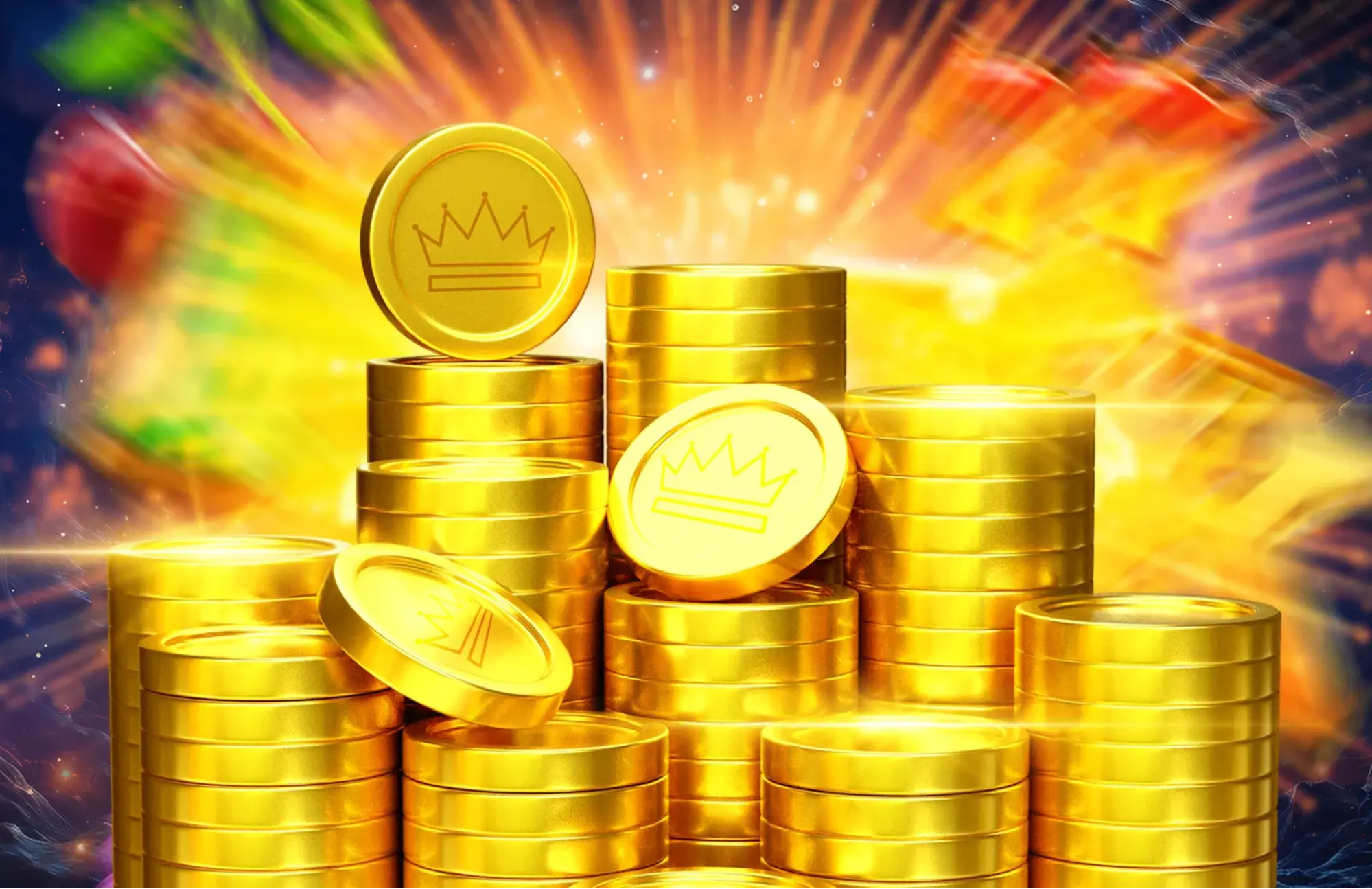 Zlaté mince — bonusové výhry a jackpot. Hromady zlatých mincí s korunou na zářícím pozadí, symbol bonusu a výhry.